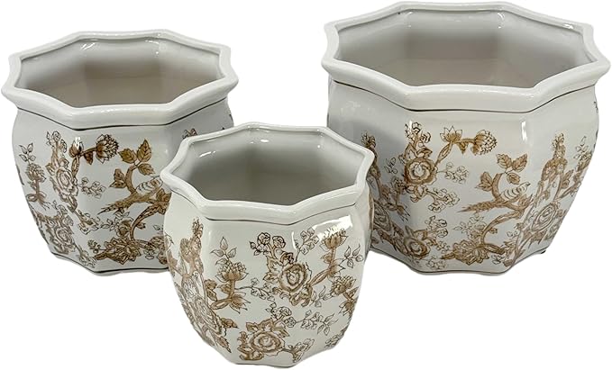 Galt International Brown & White Round Fluted Floral Porcelain Ceramic Plant Flower Planter Pot Set of 3 (7.5", 10", 13") Garden Pots Chinese Asian Design
