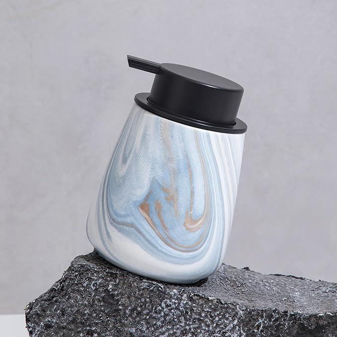 12Oz Ceramic Liquid Soap Dispenser - Modern Lotion Hand Soap Dispenser with Easy-to-Press Black Pump, Reusable and Refillable Dish Soap Dispensers for Bathroom & Kitchen, Marble Blue