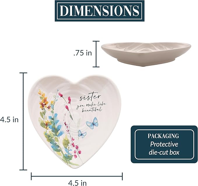 Pavilion Gift Company - Sister - Ceramic Heart-Shaped Keepsake Dish, Watercolor Floral Design, Unique Gifts for A Sister, Trinket Dish, Ring Holder, Jewelry Dish, 1 Count, 4.5 inches