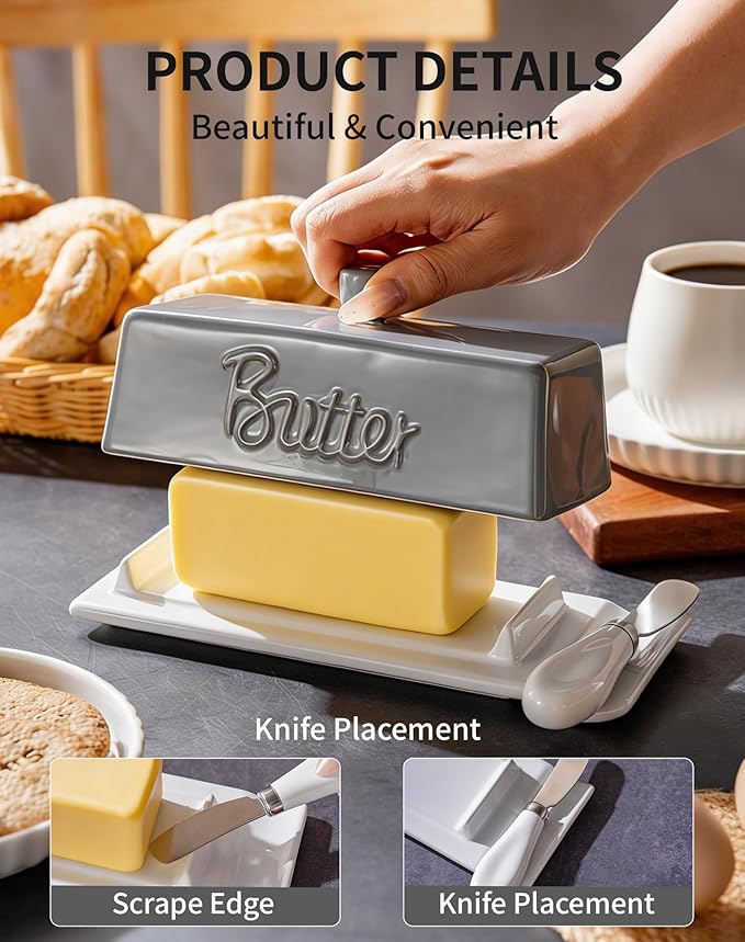 TEATALK Ceramic Butter Dish with Lid and Knife - Large Butter Holder, Farmhouse Style, 8-Inch Porcelain Butter Keeper with Scraper Edge, Grey