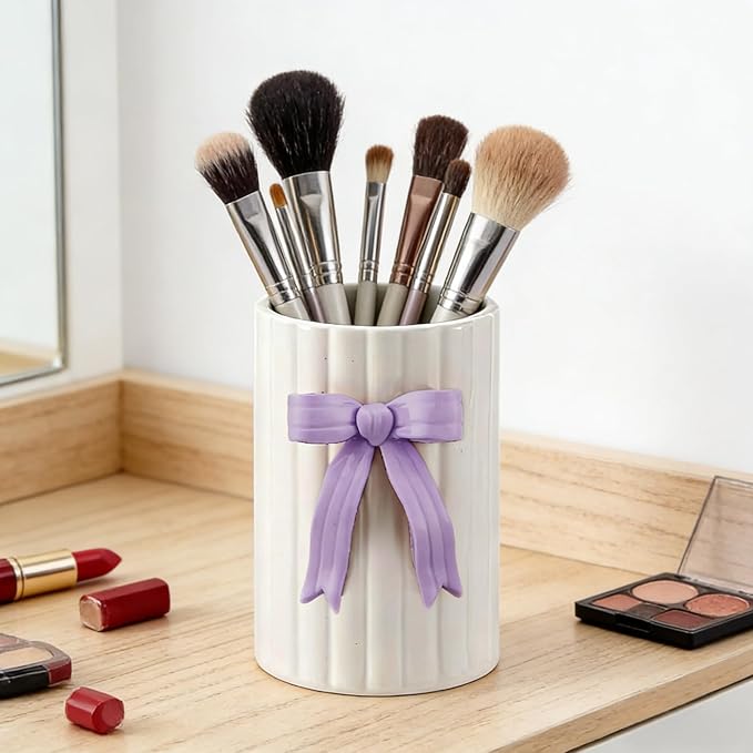 Handmade Purple Bow Ceramic Utensil Holder, 3D Coquette Cooking Utensil Crock for Kitchen Counter, Preppy Storage Caddy Organizer Vase Decor for Kitchen Countertop