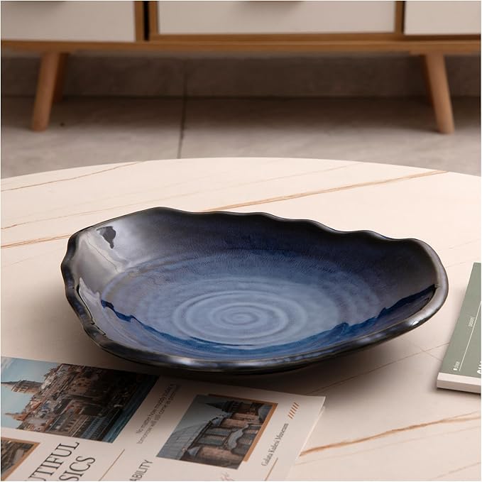 10'' Large Decorative Bowl - Ceramic Decorative Dish for Kitchen Counter, Key Bowl for Entryway Table, Modern Centerpiece Decor Dish for Home Decor Accents, (10”BIUE)
