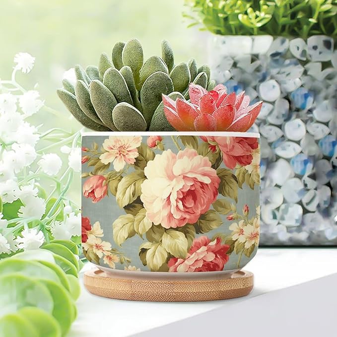 Pink Cabbage Roses Romantic Small Ceramics Planters Set of 5 Cottage Chic Antique Pink Flower Ceramics Pots for Plants Traditional Chinese Chinoiserie Cactus Planter for Indoor