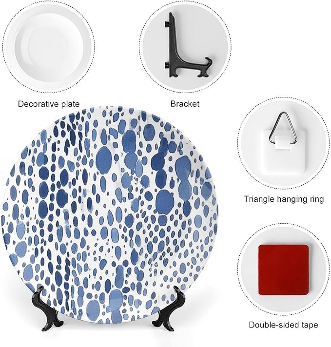 Fashion Plates Blue And White Watercolor Dots Custom Decor for Art Decoration Household Housewarming Gifts Farmhouse Dinner Plates Unique Art with Stand, Multi Sizes by Choosing, Gifts for Men Women