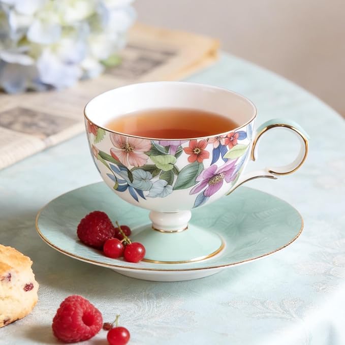 KAMMAK Ceramic Coffee Cups Saucers Set of 2, Porcelain Espresso Cups with Saucers, 6.52 oz Handmade Elegant Bone China Tea Cup, Ceramic Floral Pattern Demitasse for Latte, Americano, Cappuccino