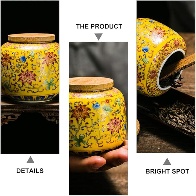 Cabilock Ceramic Tea Canister with Airtight Wood Lid Vintage Chinese Style Tea Storage Jars Traditional Tea Tins Cans Tea 230ML for Kitchen Spice Tea Coffee Condiment Yellow