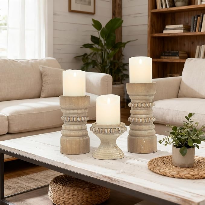 MODE HOME Rustic Natural Wood Candle Holders Set of 3, Farmhouse Beaded Wood Pillar Candle Holder, Candle Holders for Pillar Candles & Candlesticks, Candle Sticks Holder Decor for Table Centerpiece