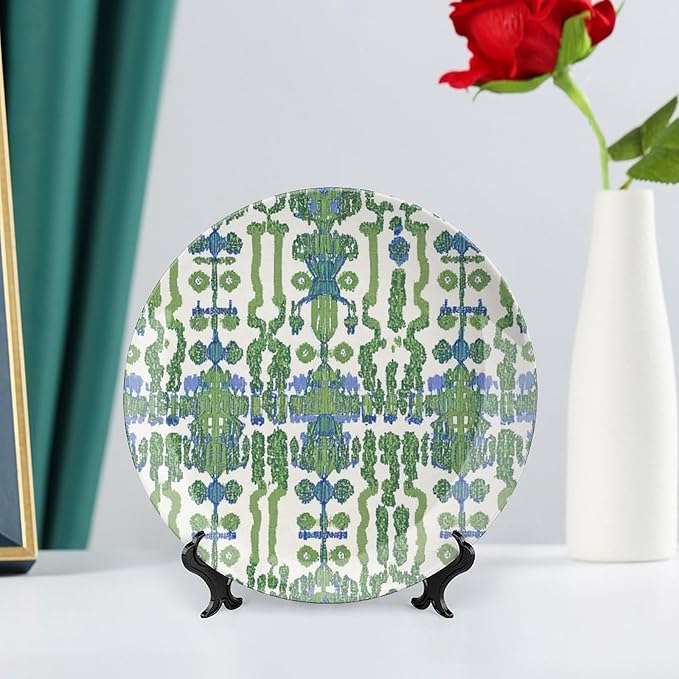 Green And Blue Ikat Plates Ceramic of 6", 7", 9", 10", Personalized Geometry Ikat Exotic Design Collector Plates, Display Farmhouse Decorations Table, 1 Plate with 1 Display Stand