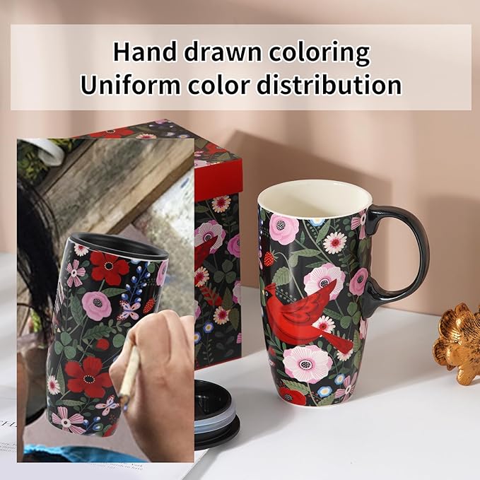 Topadorn Ceramic Travel Mug Cardinal Bird Porcelain Latte Tea Cup Coffee Mug with Matched Box, 17oz.