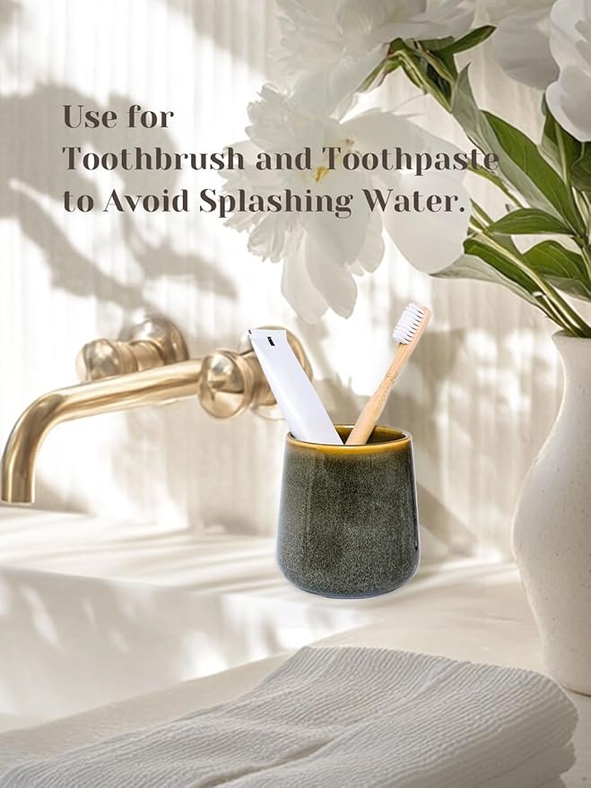 INGOFIN Ceramic Toothbrush Holder Cup, 12 oz Toothpaste Holder for Bathroom Vanity and Countertop, Organizer for Cosmetic, Makeup, Office Pencils, for Hotel Apartment, Kiln-Glazed Green