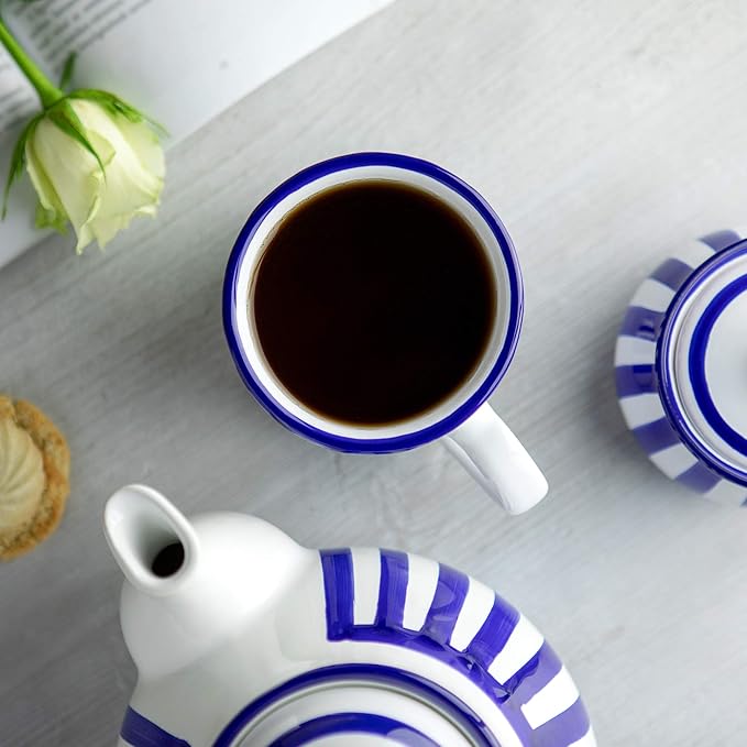 City to Cottage Handmade Dark Navy Blue Stripe Ceramic Extra Large 17.5oz/500ml | Hot Chocolate, Coffee, Tea Mug, Cup with Handle Unique Designer Pottery for Tea Lovers