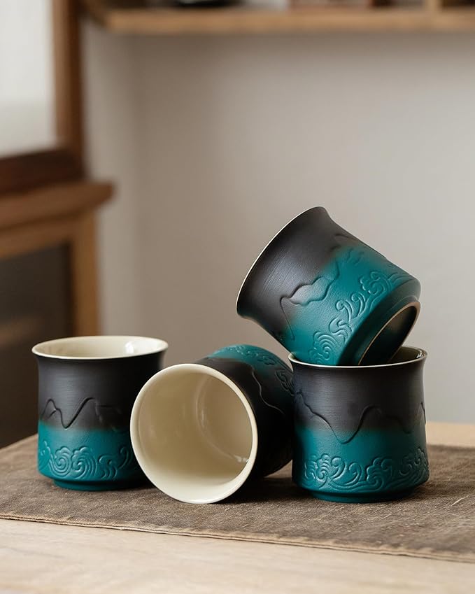 ZENS Japanese Tea Cups Set of 4 - Embossed 8 oz Ceramic Asian Cups for Loose or Matcha Tea - No Handles, Traditional Occupied Japan Style - Dark Green