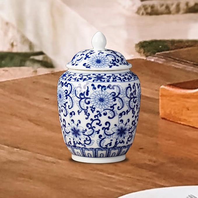 Ceramic Ginger Jar Vase Chinese Crafts Ornaments with Lid Porcelain Jars Asian Ginger Jar for Desktop Living Room Party Home Tea Storage, Blue Flower