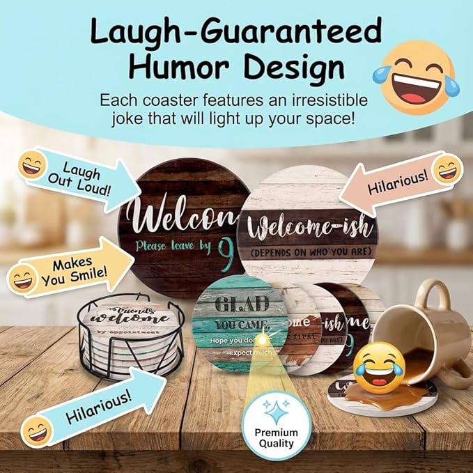 Funny Coasters - House Warming Gifts New Home - Housewarming Gifts for Women, Men, Couple, New Homeowner - Farmhouse Bar Coasters for Drinks with Holder - First Apartment Essentials