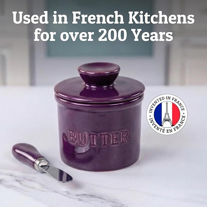 PriorityChef Butter Crock with Lid with Water Line,Ceramic French Butter Dish to Leave On Counter, Purple