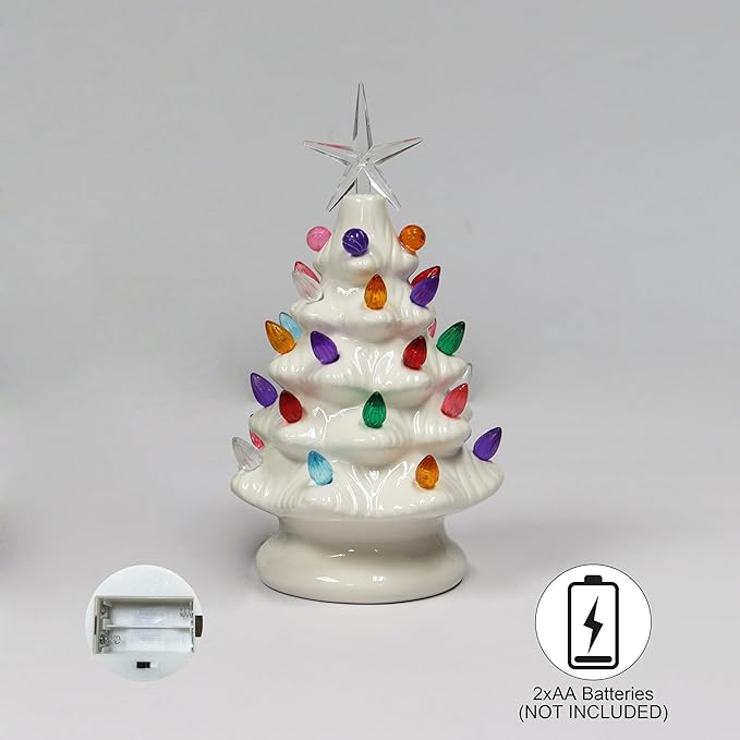 MOMENTS IN TIME Ceramic Christmas Tree 9” White LED Lighted Pre-Lit Tabletop Tree with Multicolor Bulbs & Star Topper, Battery Operated Holiday Décor