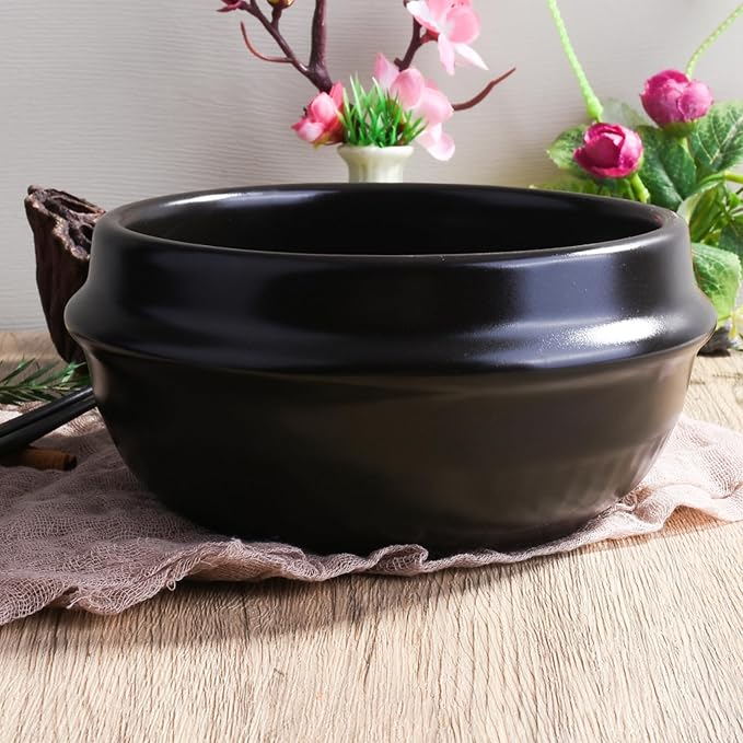 Ceramic Stone Bowl, 6.57 Inch Black Porcelain Dolsot Bowl, Korean Style Bibimbap Bowl for Rice, Soup & Stew, Microwave and Dishwasher Friendly, Heat-Resistant Serving Bowl