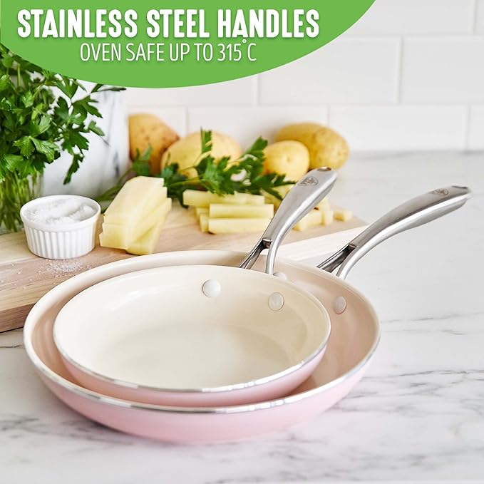 GreenLife Artisan Healthy Ceramic Nonstick, 8" and 10" Frying Pan Skillet Set, Stainless Steel Handle, Induction, PFAS-Free, Dishwasher Safe, Oven Safe, Pink