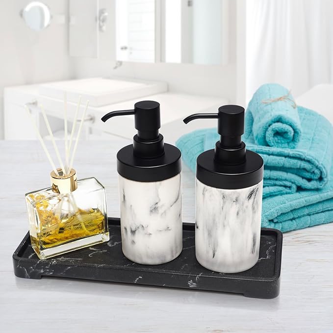 2 Pcs Bathroom Marble Soap Dispenser Set-Marble Wide Open, Refillable Liquid Circular Marble Decorative Soap Dispenser for Bathroom Countertop & Kitchen Home Decor, White
