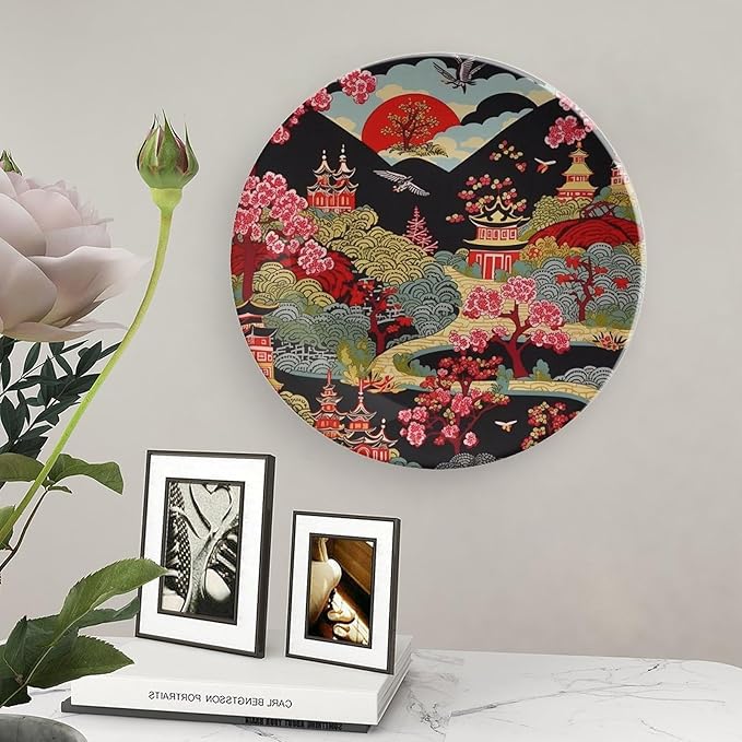 Decorative Plate Chinoiserie Charcoal Coral Pagoda Asian Customize Decor for Home Wedding Art Decoration Club Blue And White Plates with Vertical Stand, Multi Sizes by Choosing, Gifts for Men Women