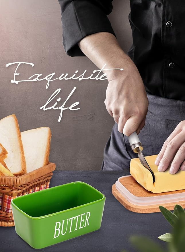Butter Dish with Lid, Home Decor, Large Butter Dish for Countertop Ceramic Butter Keeper Container with Knife and High Quality Silicone Sealing Butter Box Good Kitchen Gift Green