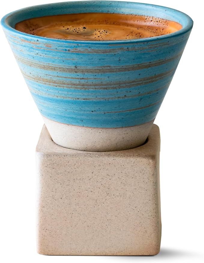 aprikalife Japanese Pottery Coffee Mug with Base 200ml - Ceramic Handmade Triangle Cone Funnel Shaped Retro Tea Cup - Dishwasher & Microwave Safe Coffee Cup for Tea, Cocoa, Espresso & Latte (Blue)