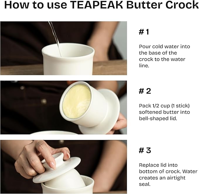 Stoneware Butter Crock with Lid, Ceramic Butter Dish with Water Line, Countertop Butter Keeper, Butter Holder for Countertop, White