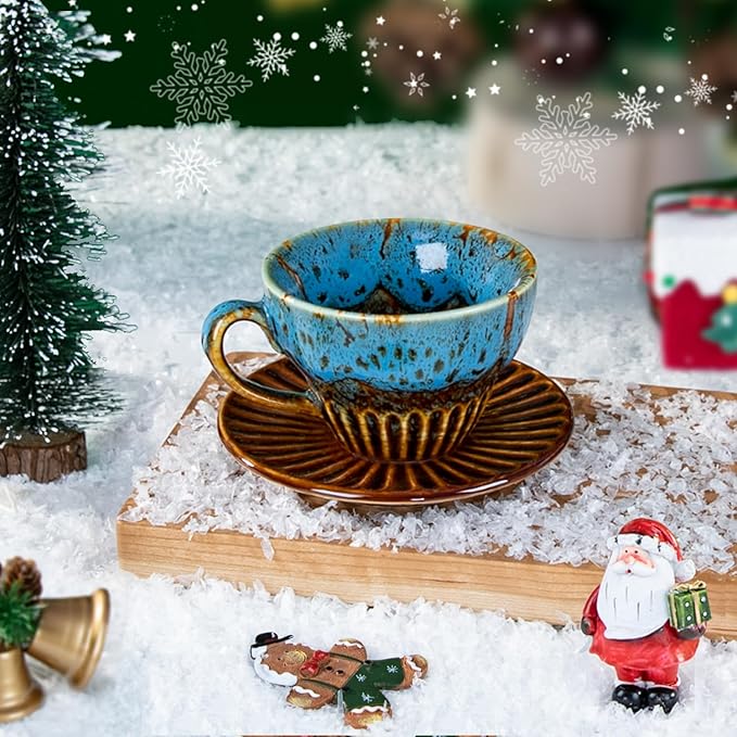 4 oz Espresso Cups Set of 6, Ceramic Cappuccino Cups with Saucers, Stackable Coffee Cup for Macchiato, Double shot, Tea, Coffee Lover Gifts, Glazed Blue