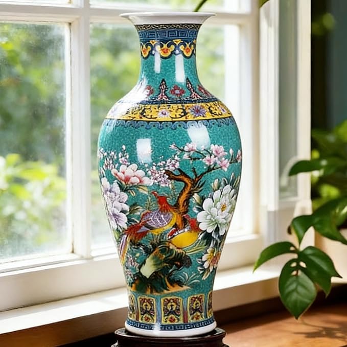 14" Jingdezhen Large Fishtail Ceramic Vase Golden Handmade Home Decorative Vase, Modern Luxury Accent for Living Room, Wedding, or Gift. Elegant Floral Arrangement Centerpiece. (Green)