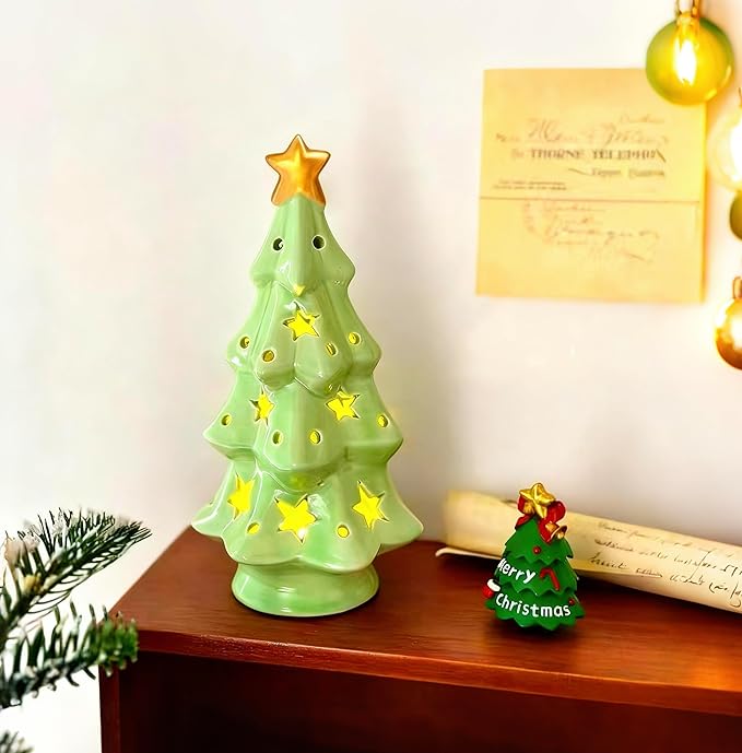 Ceramic Christmas Tree with Lights, Star-Shaped Hollowed-Out Design Tabletop Holiday Tree, Star Topper, Christmas Decor(7in)