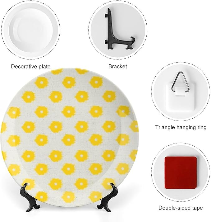China Plates Yellow Timur Weave in Background Personalized Decor for Club Home Festival Art Decoration Wall Decorative Plate Unique Art with Stand, Multi Sizes by Choosing, Gifts for Men Women