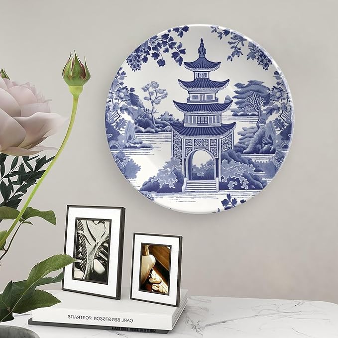 Chinoiserie Blue Asian Pagoda Decorative Plate of 6", 7", 9", 10", Custom Hanging Decorative Tiles, Club Table Decorations Office, with Vertical Stand