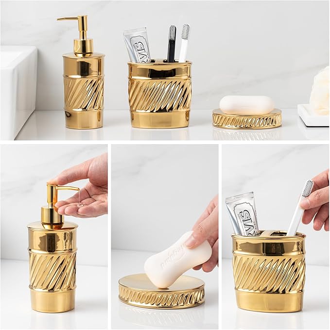 3-Piece Ceramic Bathroom Accessories Set - Soap Dispenser, Toothbrush Holder & Soap Dish with Modern Wave Embossed Design for Bathroom Accessory Set (Gold)