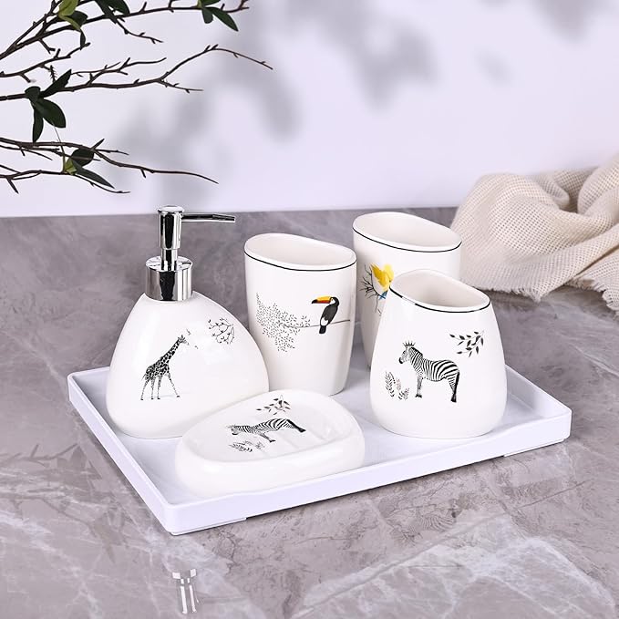 White Bathroom Accessories Set,Modern Countertop Bathroom Decor,Luxury 6 Piece Bathroom Accessory Set,Complete with Soap Dispenser,Toothbrush Holder,Tumbler,Tray