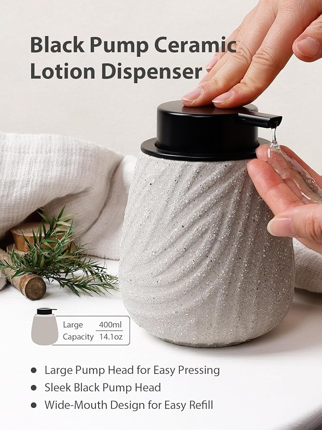 3 Pcs Bathroom Accessories Set – Ceramic Lotion Soap Dispenser, Toothbrush Holder with Rustic Leaf Vein, Modern Vanity Accessory Countertop Organizer for Bathroom Kitchen Decor