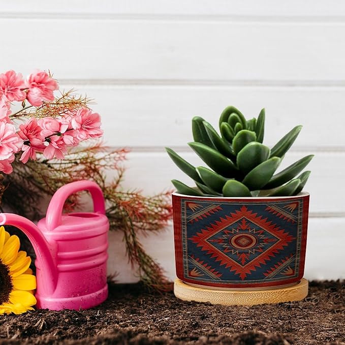 Planters Ceramic The Navajo in Red And Blue with A Blue Border Pattern Ceramic Pots with Drainage Holes Round Flowerpot Bamboo Tray Plant Pots for Succuelnt And Little Snake Plants Pots for Nana