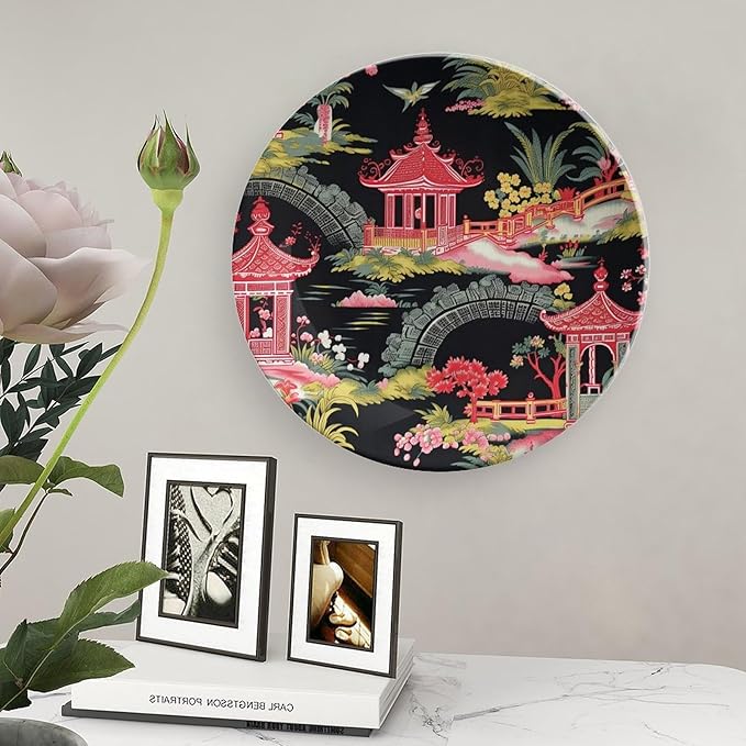 Chinoiserie Charcoal Coral Pagoda Asian Ceramic Decorative Plate, Personalized Ancient China Chinoiserie Pagoda Ceramic Display Plate, Festival Household Decorations Office, Unique Art with Stand