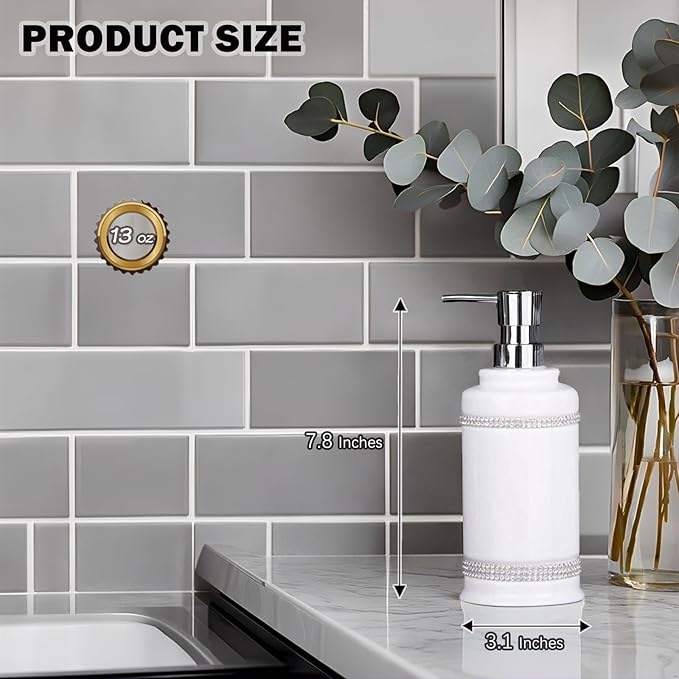 17 OZ Hand Liquid&Lotion Soap Dispenser Pump Bottle Ceramic White for Kitchen Bathroom Countertop Laundry Room Holds Dish Soap Shampoo Laundry Liquid Shower Gel (Inlaid Rhinestone) (White1)