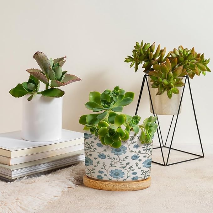 Mughal Flower in Ceramic Planter Blue Floral Planters for Indoor Plants with Drainage Holes and Saucers Pot for Succulents Cactus Garden Windowsill