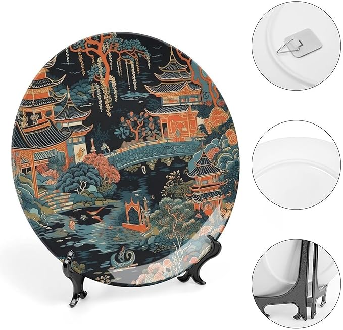 Chinoiserie Charcoal Coral Pagoda Asian Fashion Plates, Asian Scenic Pagoda Design Collector Plates for Display Wedding Office Decor, with Display Stand And Hook Up Art Decorations for Club Household