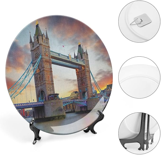XISUNYA 10 Inch Decorative Plate, London Dinner Plate, Historic Old Tower Bridge London British Kingdom Skyline Print Ceramic Wall Hanging for Home & Office Wall Hanging Decor, Multicolor