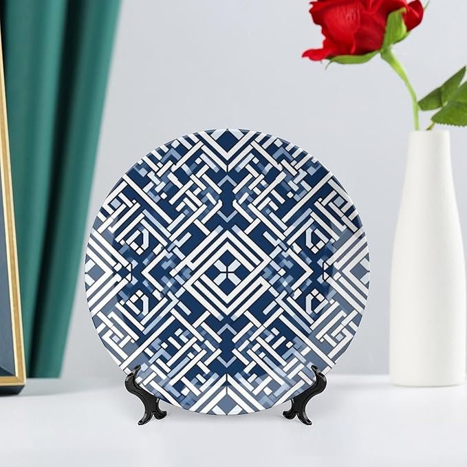 Ceramic Decorative Plate Navy Blue Geometric Customize Decor for Office Festival Art Decoration Home Porcelain Dessert Plate Set with Vertical Stand, Multi Sizes by Choosing, Gifts for Men Women