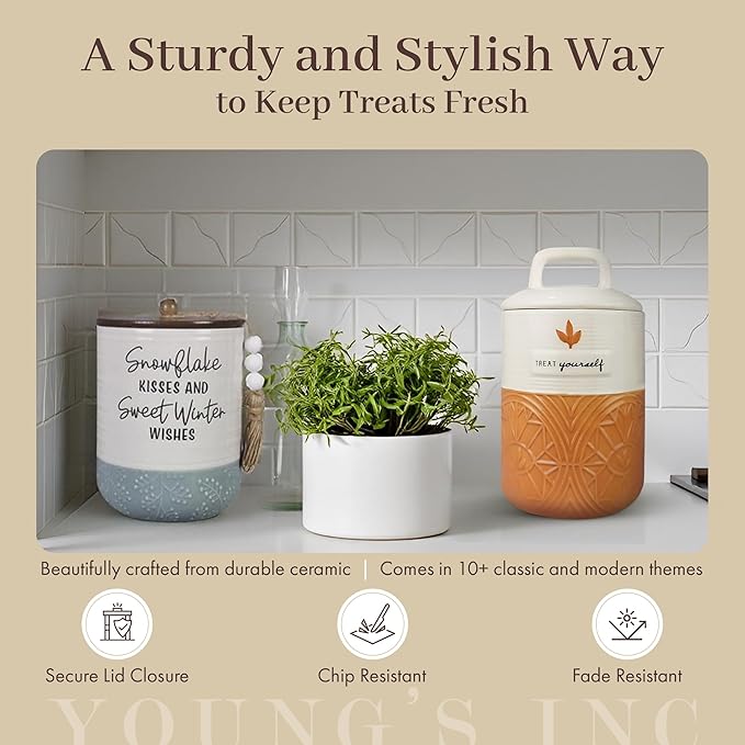 Young's Inc. Ceramic Canister with Lid, Ceramic Cookie Jars for Kitchen Counter Decorative White Winter Design, Airtight Pet Jar with Lid for Chewy Pet Treats, Candy, Bones, Pet Food Container