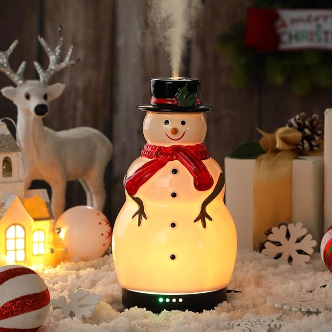 Christmas Essential Oil Diffuser 120ml Ceramic Snowman Aromatherapy Humidifier, Holiday Diffuser Gift, Xmas Stocking Stuffer, Cute Tabletop Christmas Decoration for Home Office Winter
