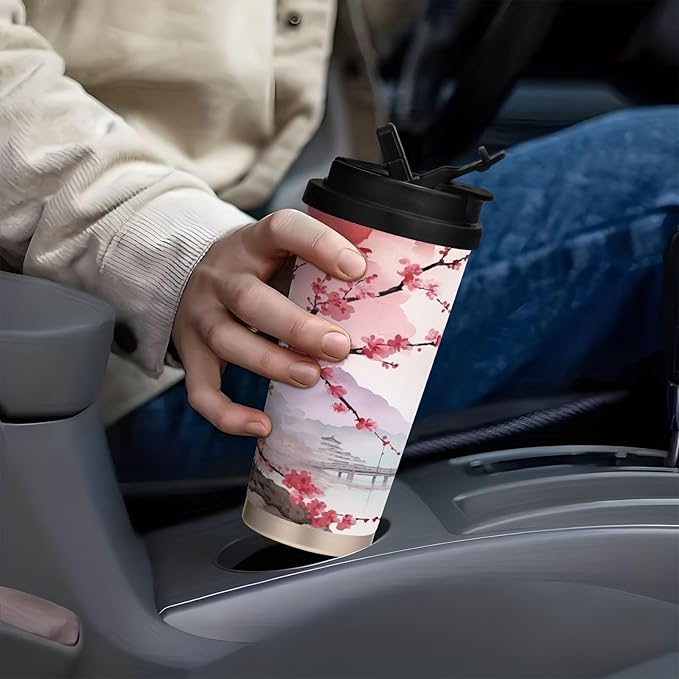 Asian Landscape Pink 17oz Insulated Coffee Mug with Dual-Function Lid, Ceramic Lined Travel Tumbler for Pure Taste, Stainless Steel Water Bottle with Straw, Fits Cup Holders