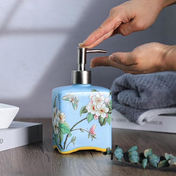 Ceramic Soap Dispenser, Lotion Bottle with Removable Pump, Flower Pattern Dispenser for Kitchen and Bathroom - Blue, 13 OZ