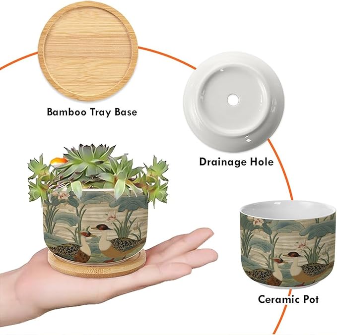 and Duck Garden Small Ceramics Pots for Plants Set of 2 Green Water Lily Chinoiserie Flower Ceramics Plant Pot with Drainage Bamboo Trays Chinoiserie Chic Planter for Succulents