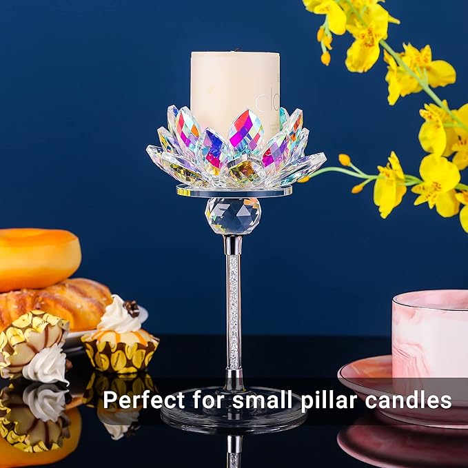 Crystal Candle Holders Set of 2, Lotus Flower Tealight Holders with Clear Glass Base, Rhinestone Stand and Ball, Elegant Table Centerpieces for Home Decor, Wedding, Party