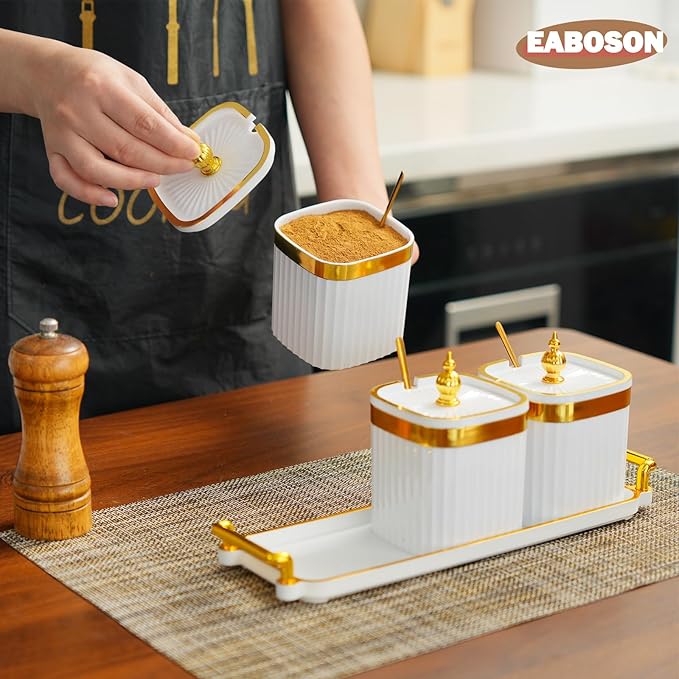 3 Pack Gold Condiment Spice Jars with Lids, Spoons, Tray - Plastic Seasoning Box Set for Salt, Pepper, Sugar - Kitchen Storage