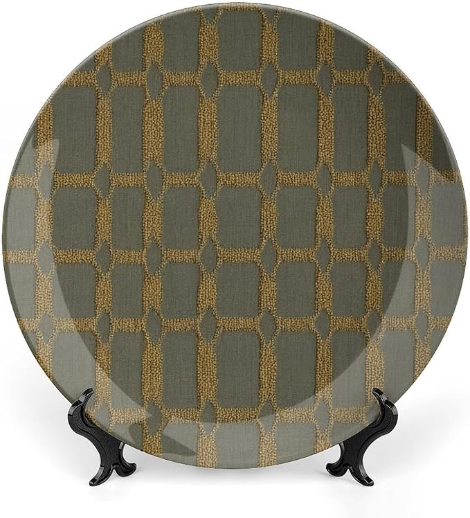 Geometric Ikat Check in Golden Decorative Plate of 6", 7", 8", 10", Custom Christmas Design Ceramic Hanging Decorative Plate Gifts Club Kitchen Decorations Display, Including Bracket And Special Hook
